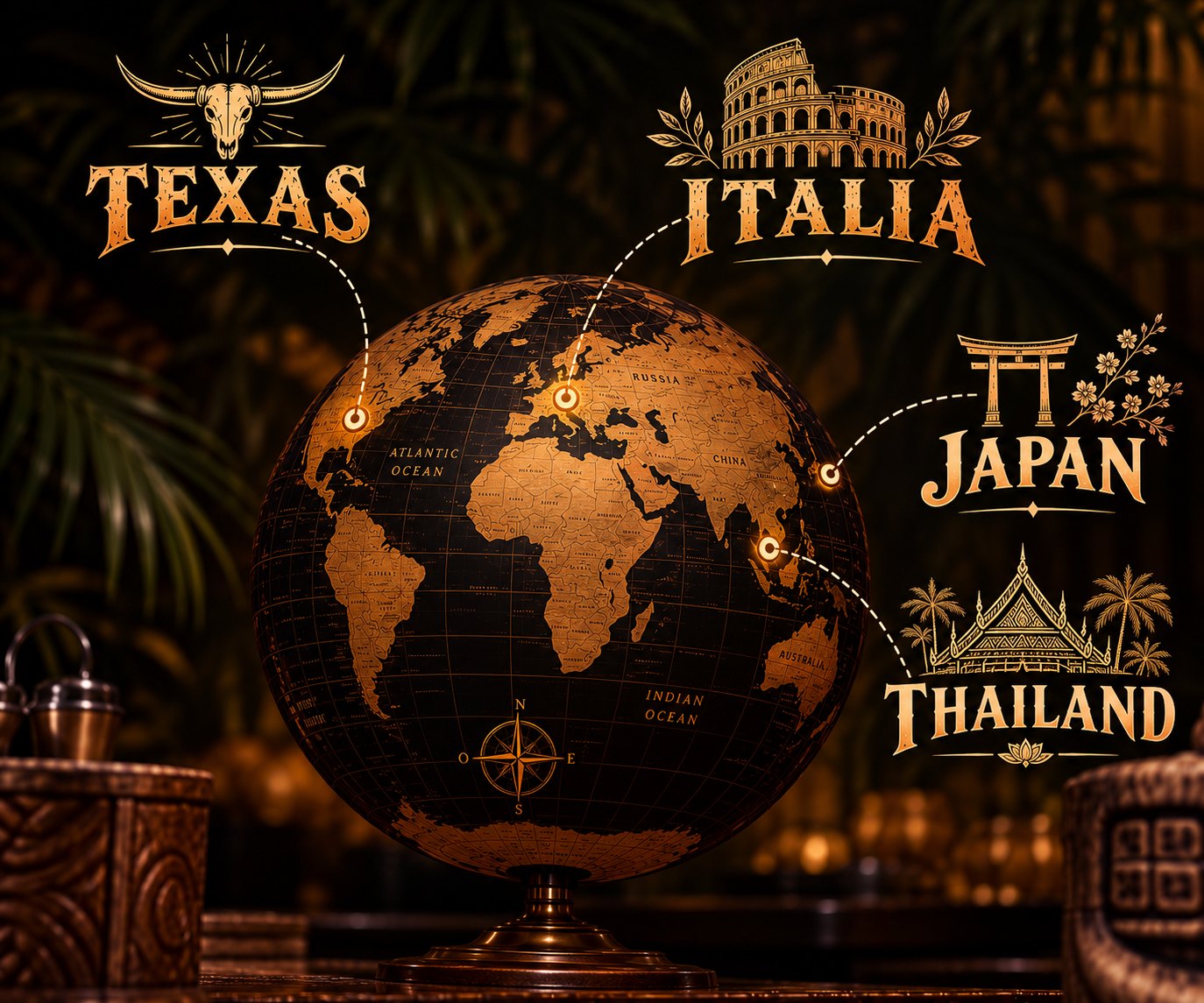 Globe doré reliant les quatre univers : Texas, Italie, Japon, Thaïlande