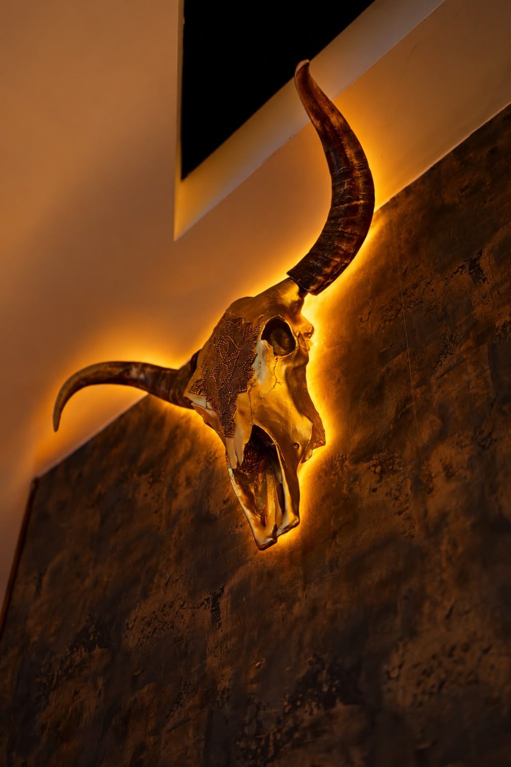 Crâne de longhorn doré rétroéclairé au mur